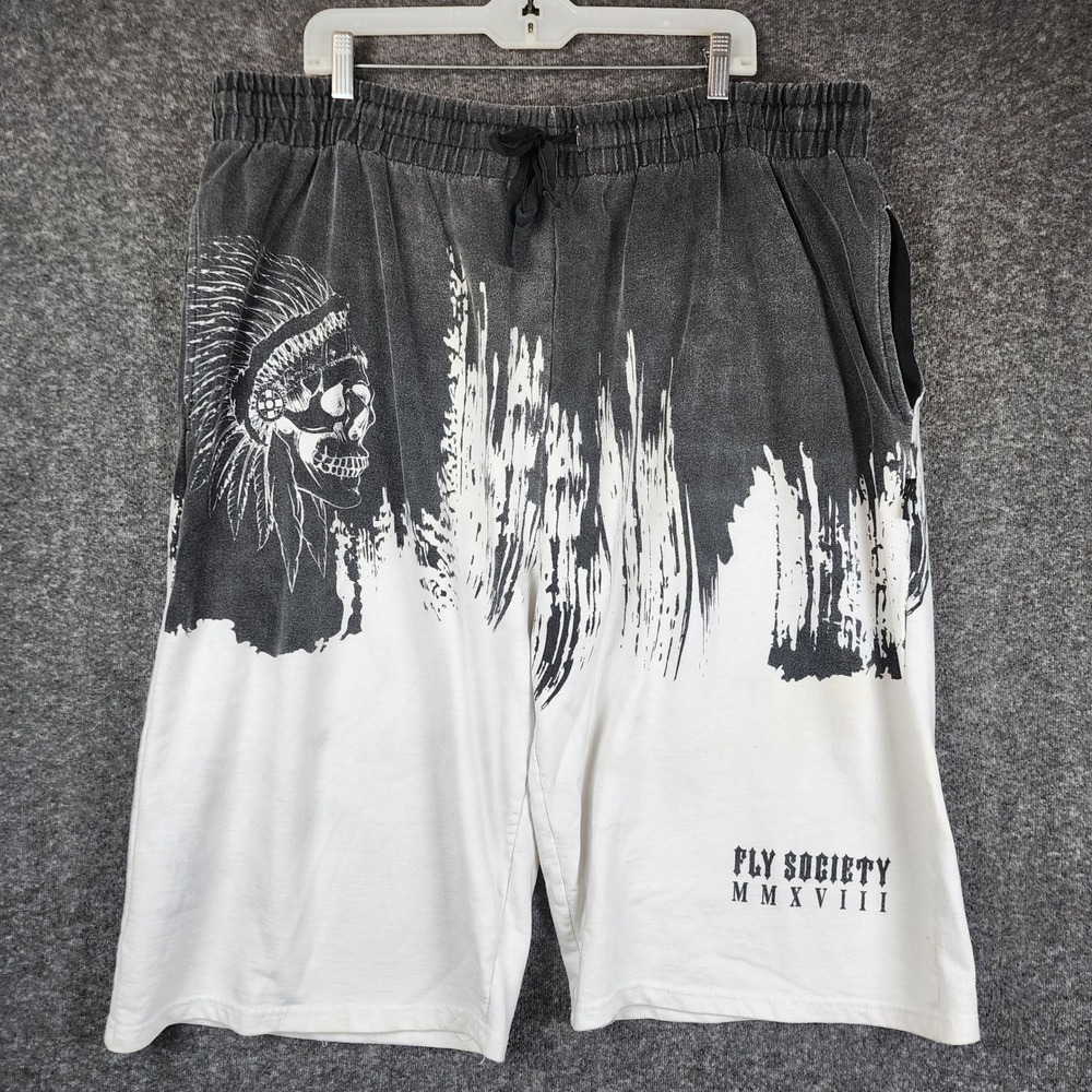 Fly Society‎ Sweat Shorts Mens 5XL Black White Skull Graphic Y2K Grunge 2018